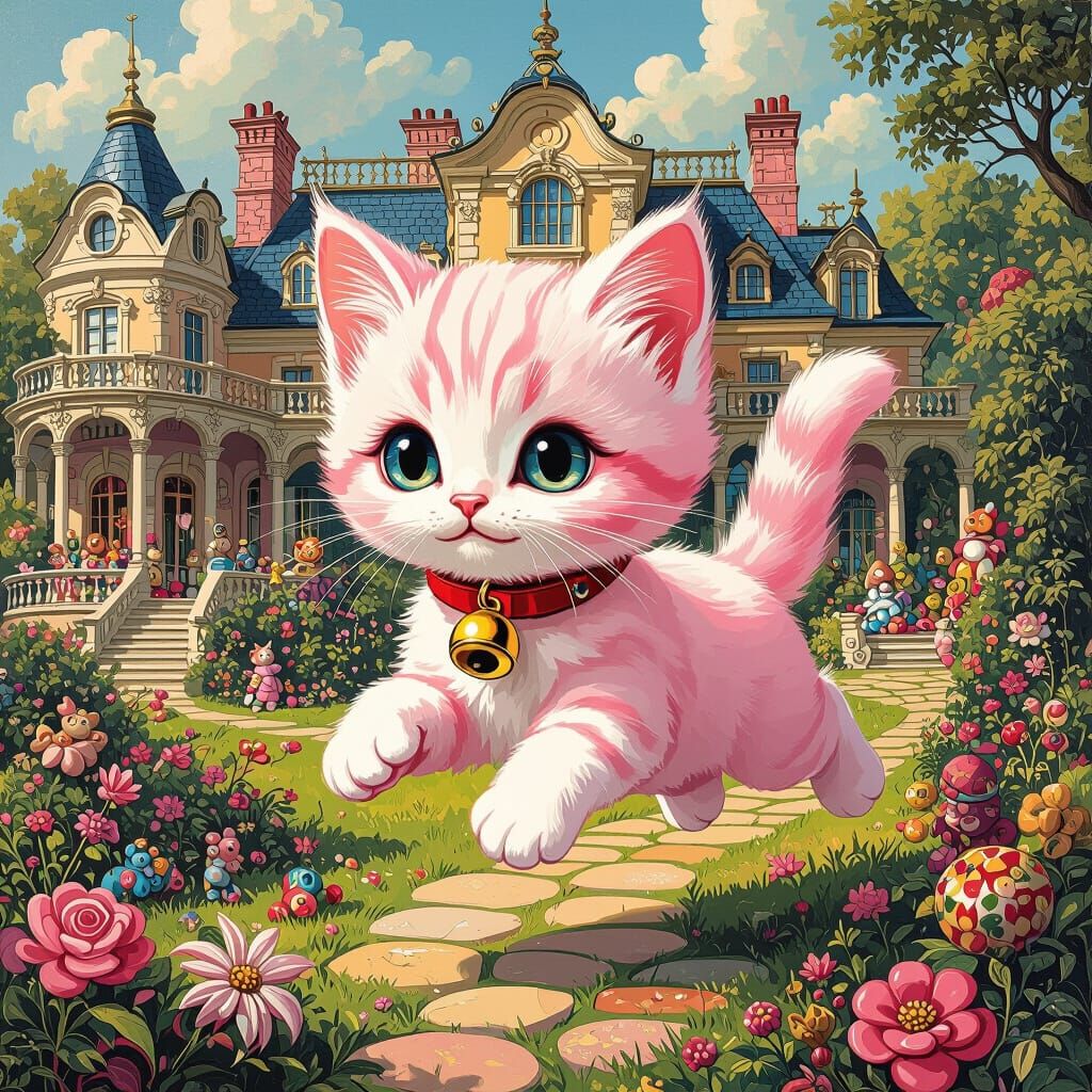 Pink Kitten Leaps in Mansion, Murakami-esque Style