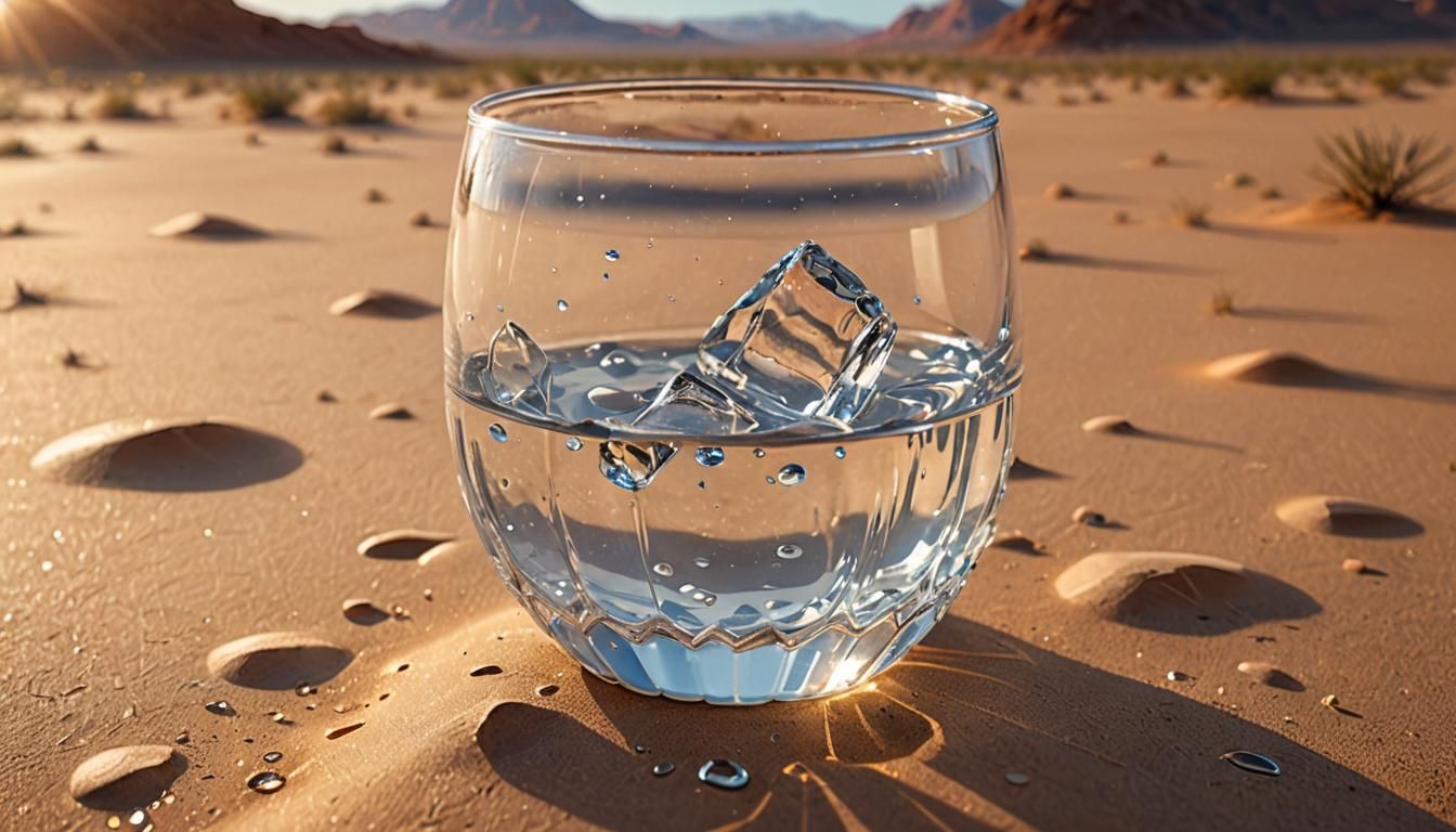 Desert Water Glass: Hyper-Realistic Digital Art