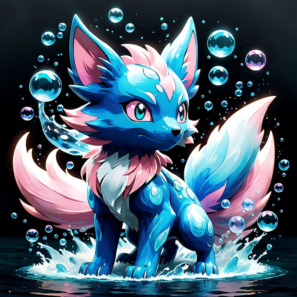Majestic 9-Tailed Water Fakemon in Anime Style