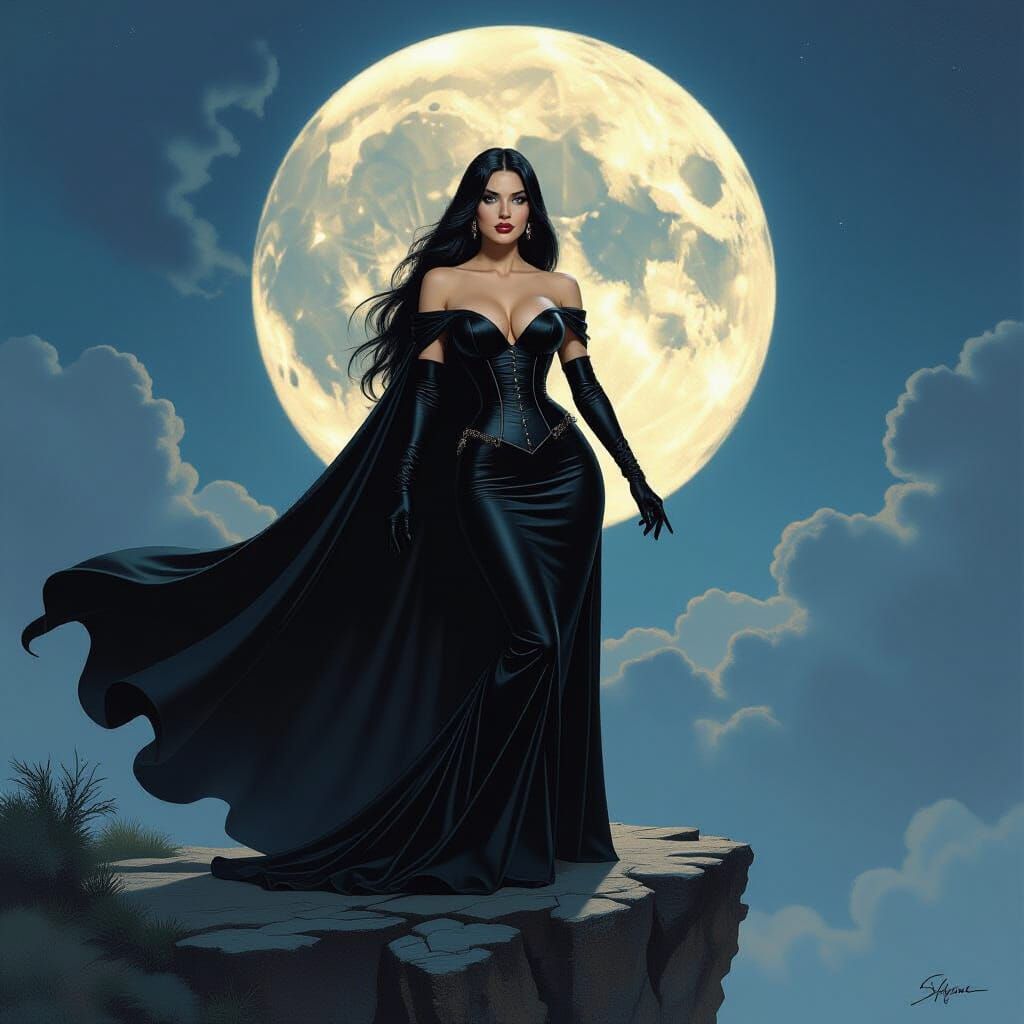 Voluptuous Woman on Cliff Under Giant Moon