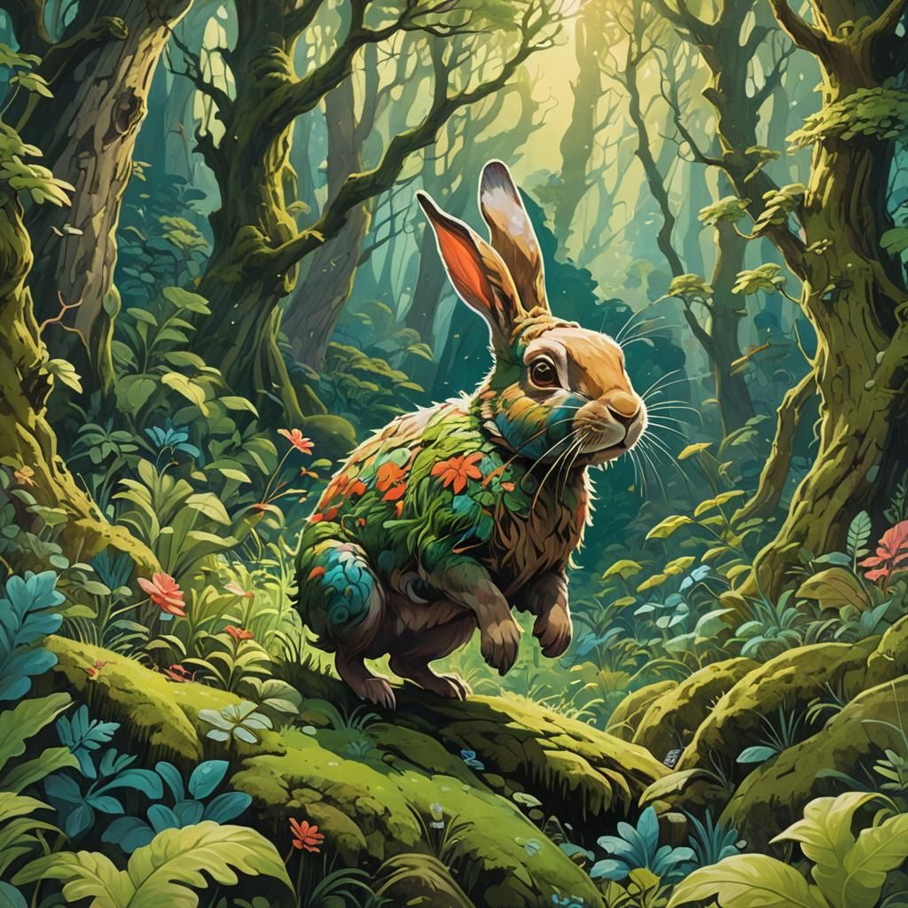 Rabbit Leaping in Forest, Fantasy Concept Art