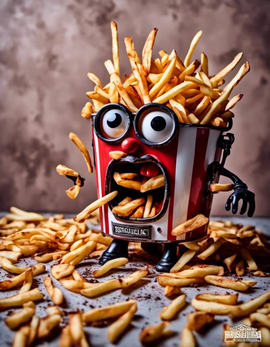 Terrified Mr. Potato Head in French Fry Machine