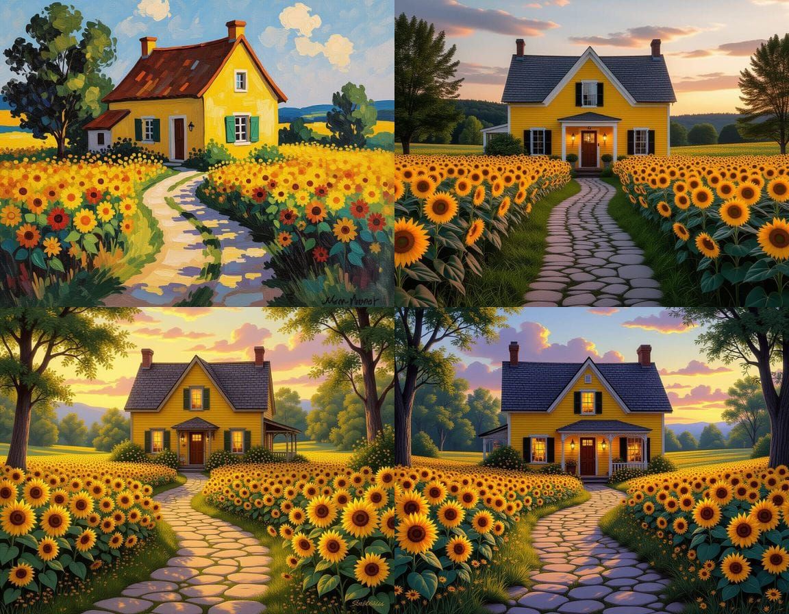 Idyllic Yellow Cottage Surrounded by Sunflowers in Warm Even...