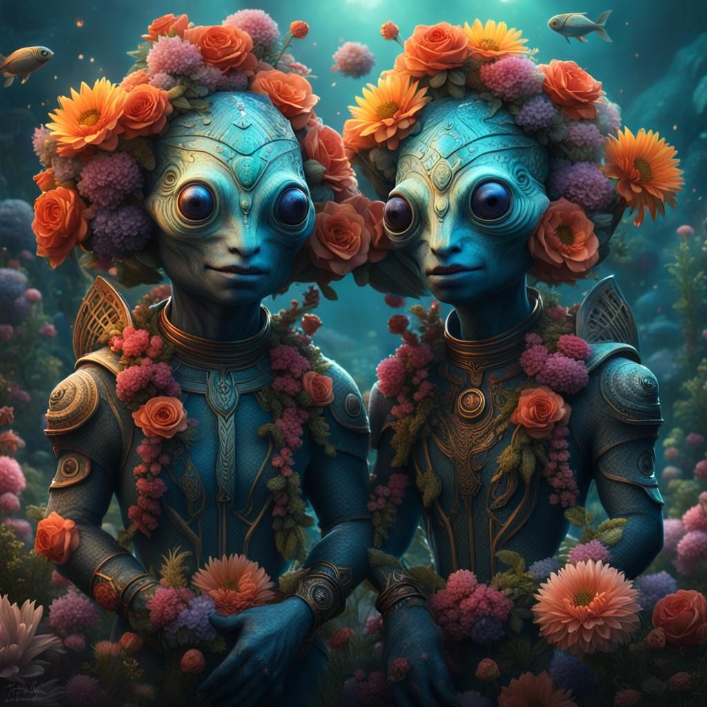 Anthropomorphic Alien Fish Couple in Detailed Matte Painting