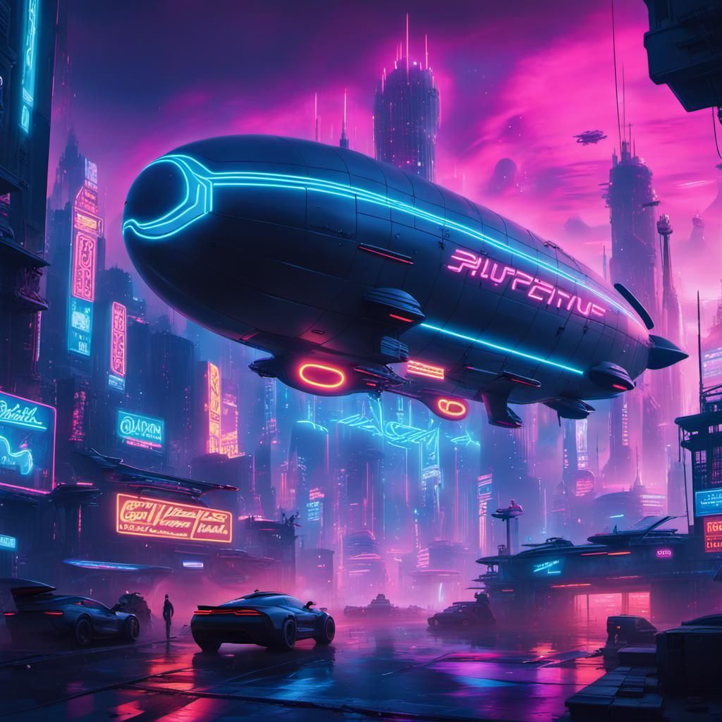 Retrofuturistic Neon City with Flying Cars