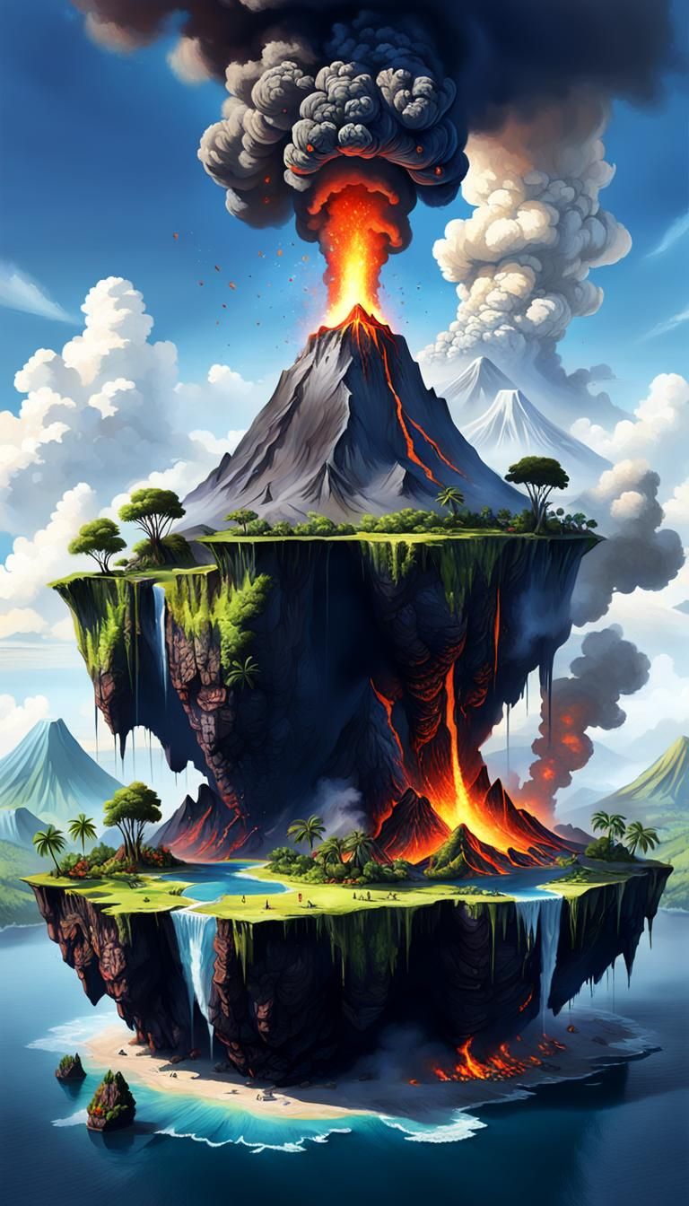 Volcano Erupting on Floating Island: Fantasy Concept Art
