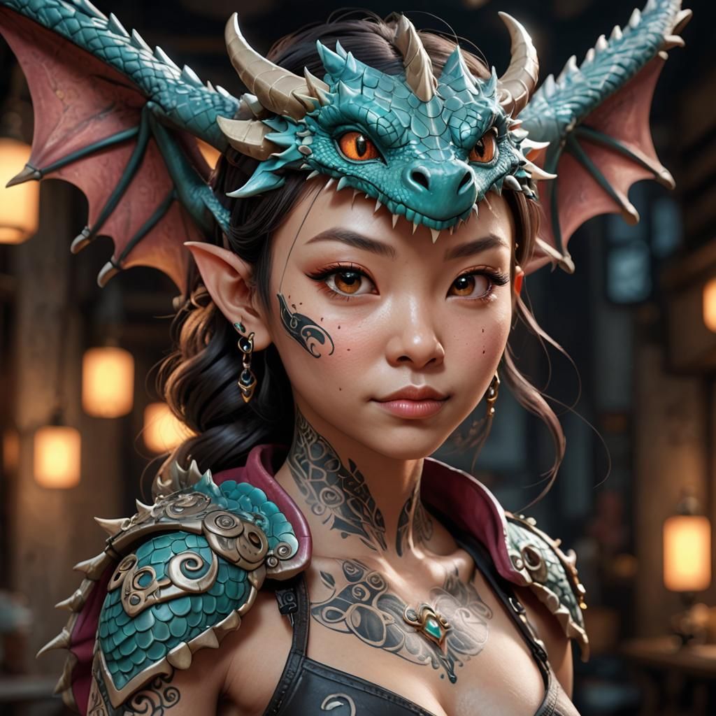 3D Tattoo of a Chibi Dragon on Woman's Back