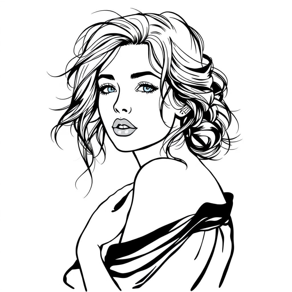 Elegant Boho Woman: Black and White Line Art