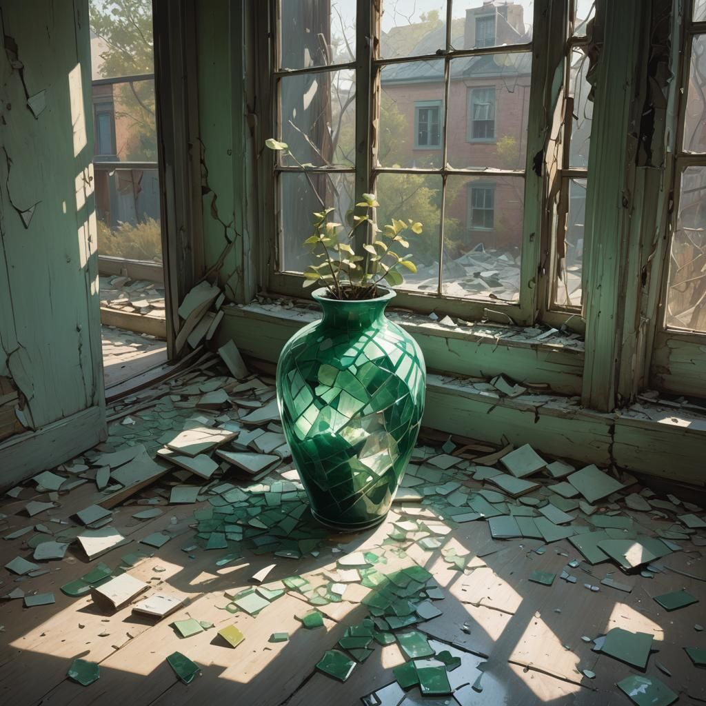 A shattered jade green vase lays on the floor below a broken...