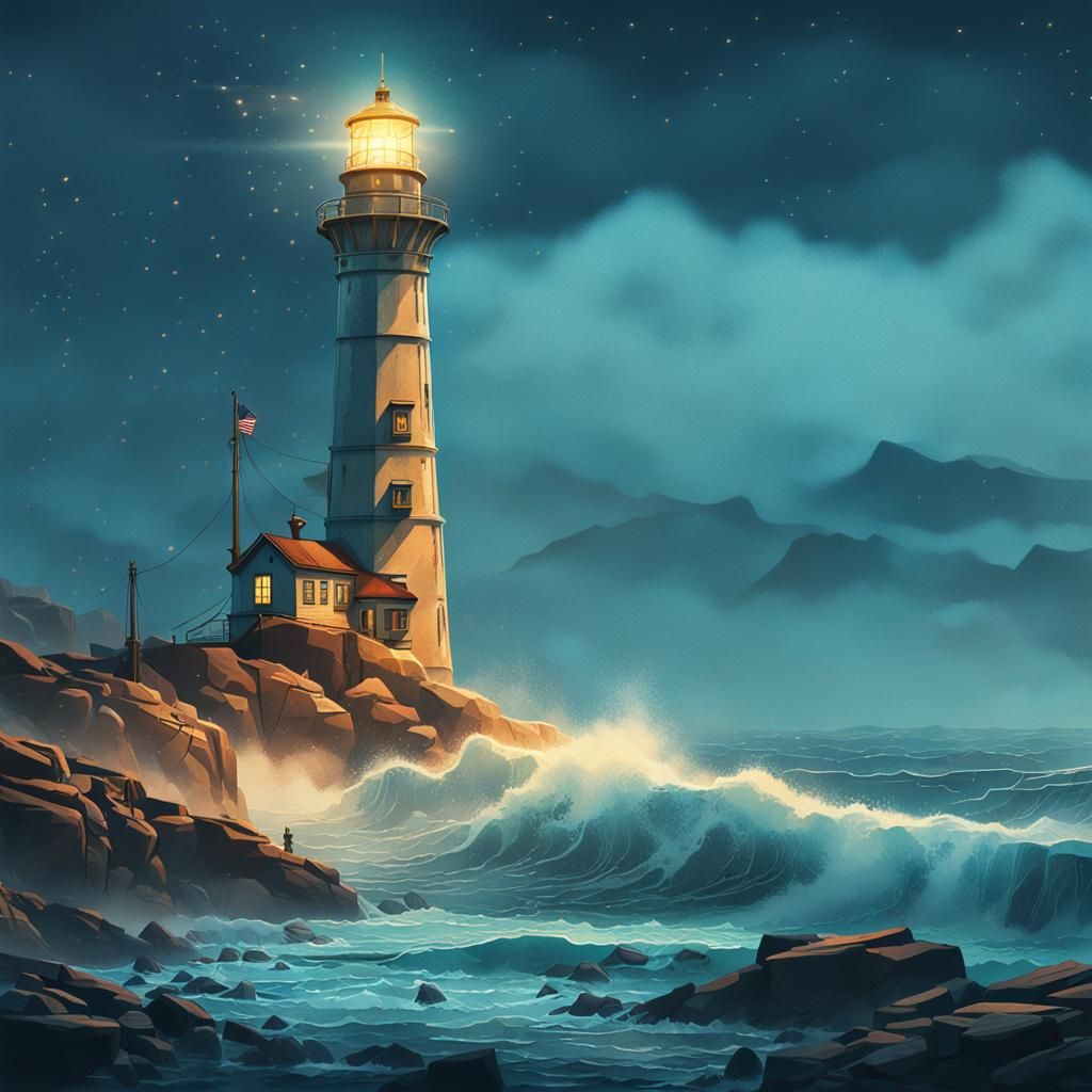 Mystical Lighthouse at Night in Digital Watercolor Painting