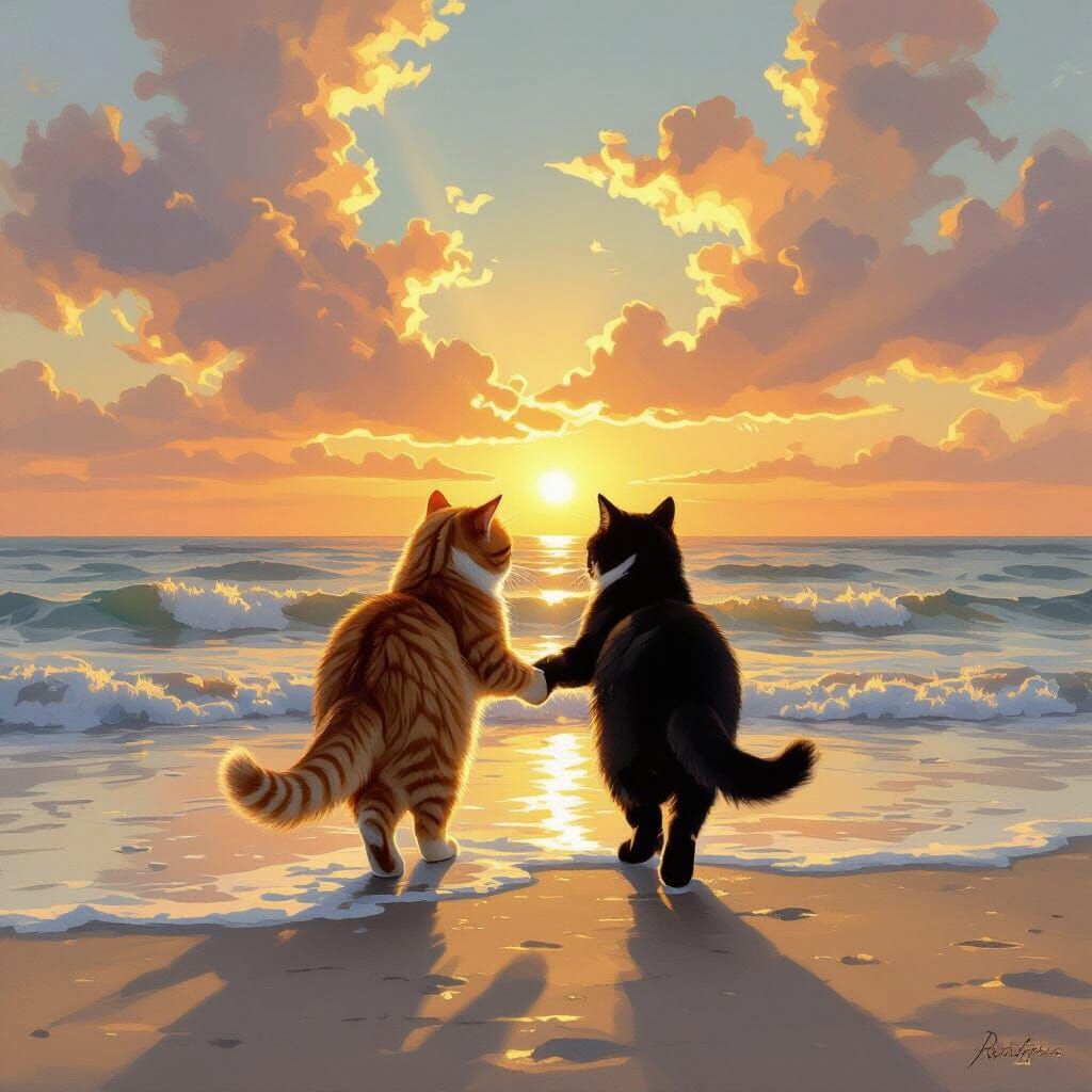 Cats Walking Paw-in-Paw on Beach at Sunset