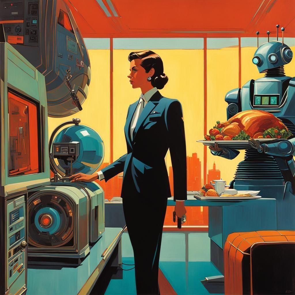 Retrofuturistic Businesswoman Arrives Home with Robot Butler