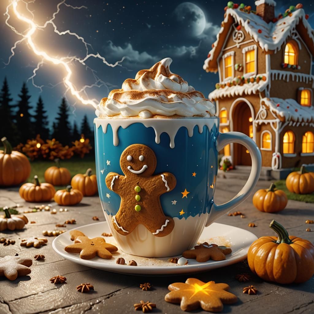 Pumpkin Spice Latte Under Lightning: Hyperrealistic 3D Rende...