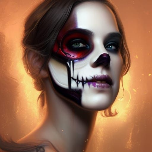 Woman with Skull Makeup, Hyperdetailed Digital Art
