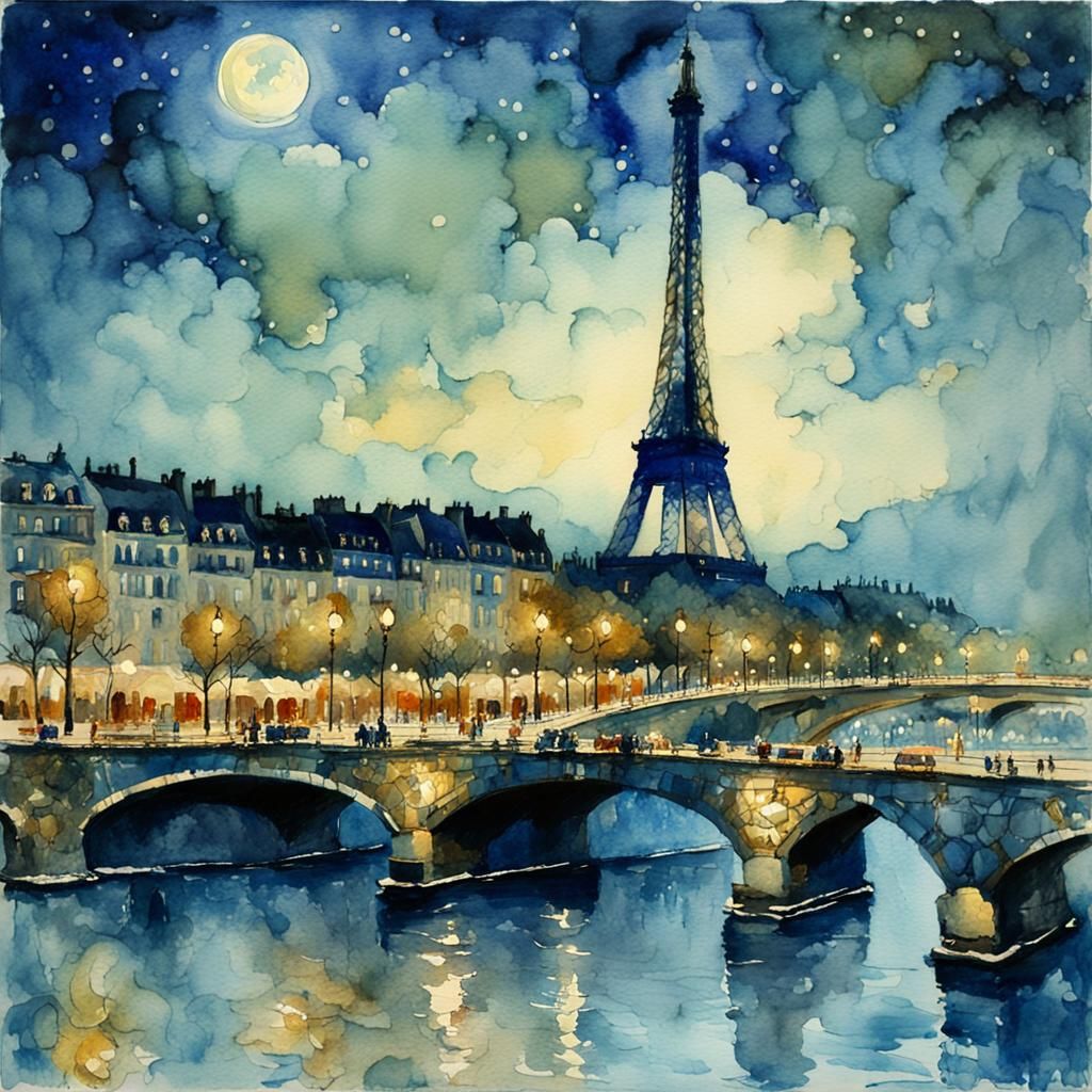 Eiffel Tower Paris at Night in Antique Watercolor