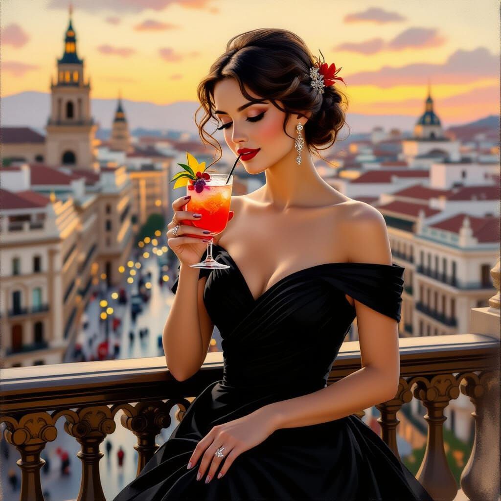 Elegant Lady Sipping Cocktail in Impressionist Style