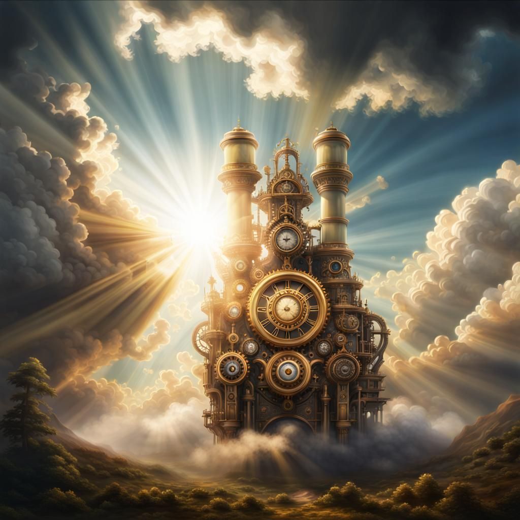 Heavenly Sunshine Beams Through Clouds: Steampunk Engine