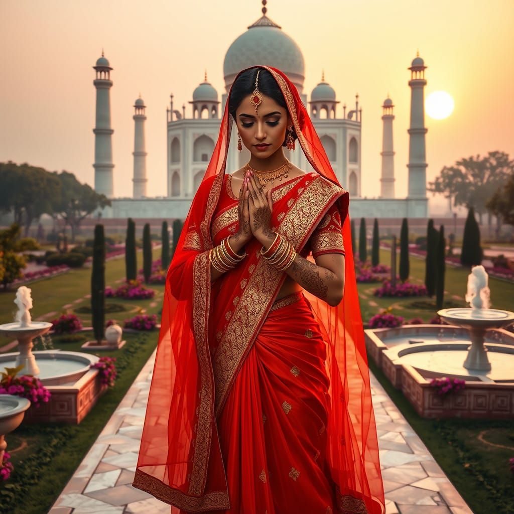Ethereal Indian Bride in Taj Mahal Background, Adorned in Re...