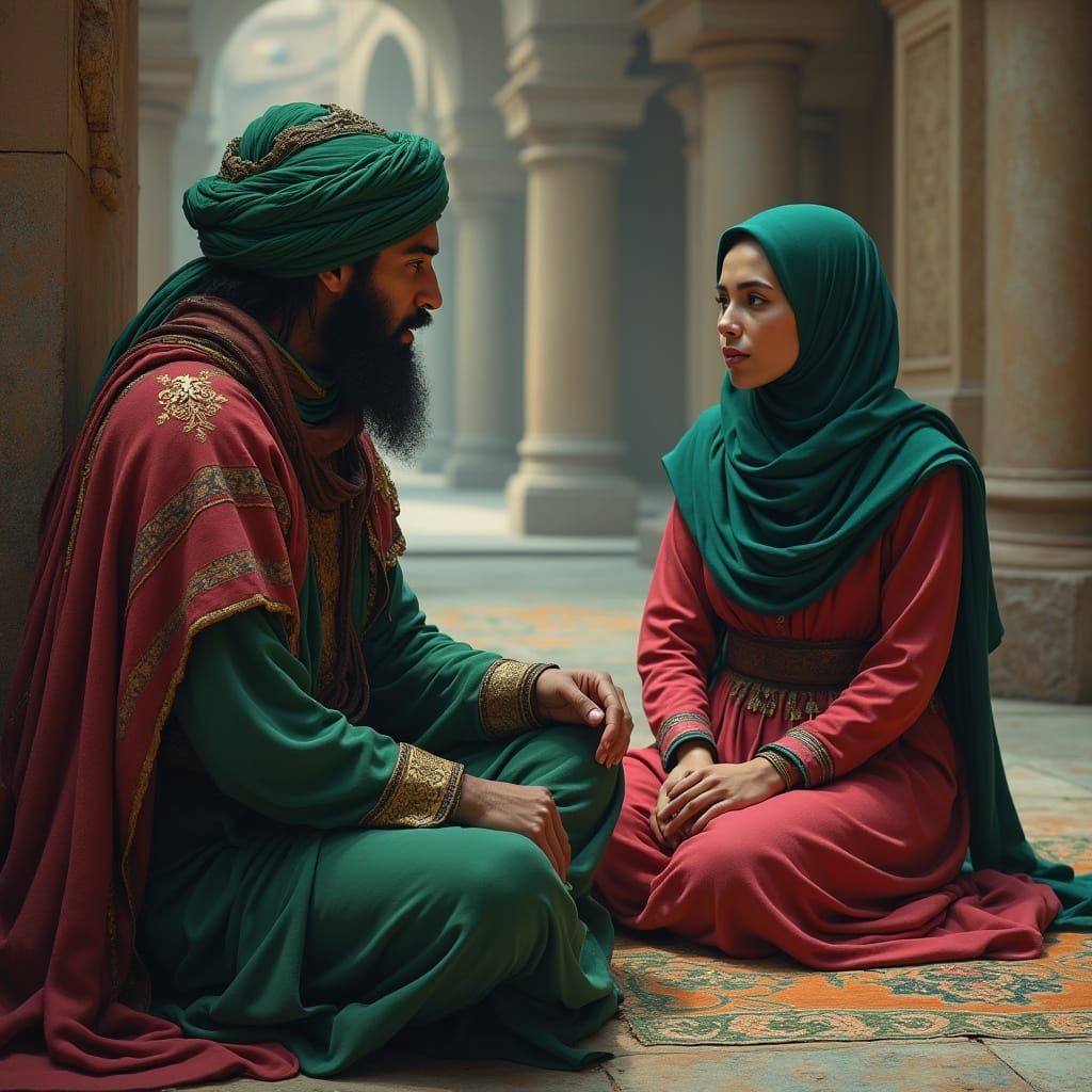 Ancient Arabic Woman Listening to Man in Turban