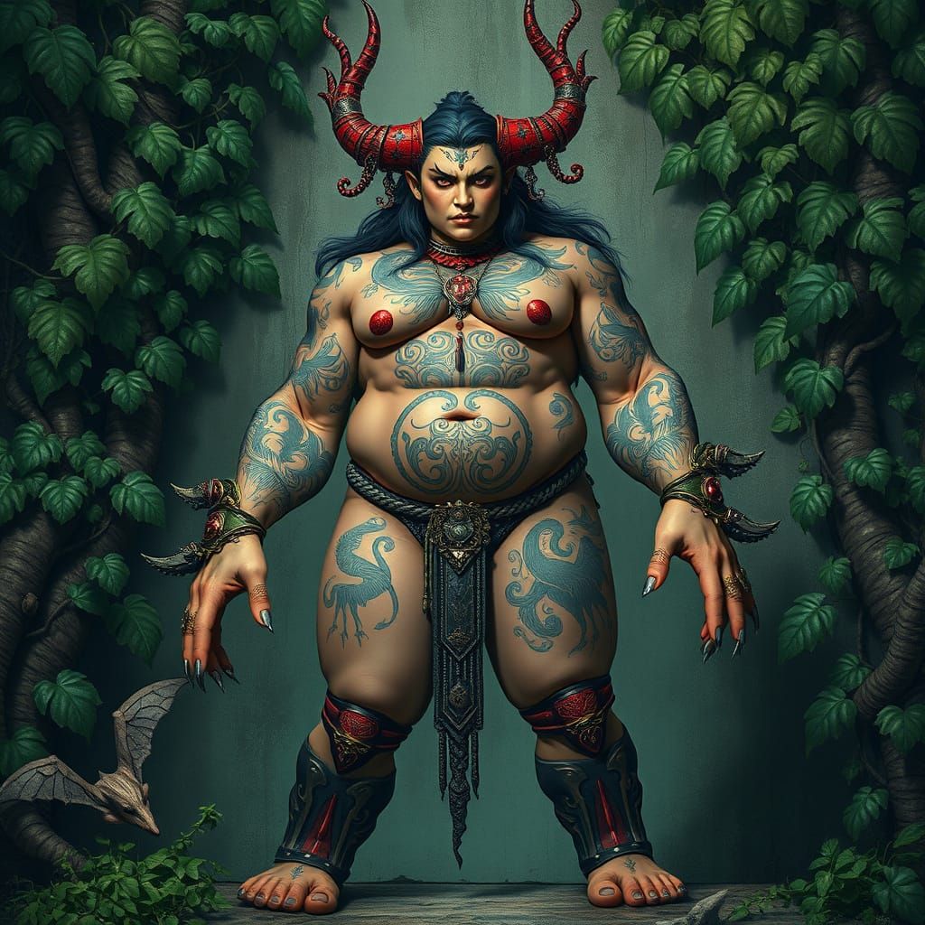 Confident Asian Demoness with Intricate Tattoos
