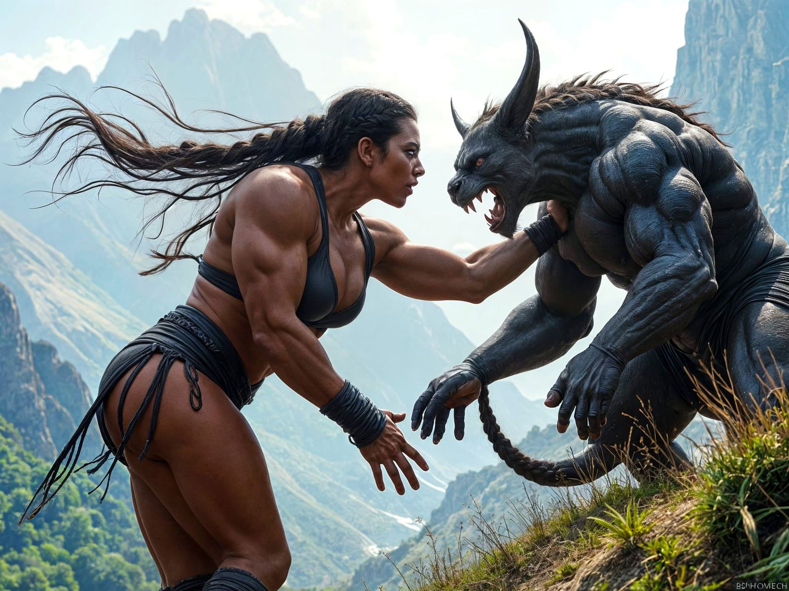 Amazonian Woman Wrestles Gargoyle in Mountain Landscape