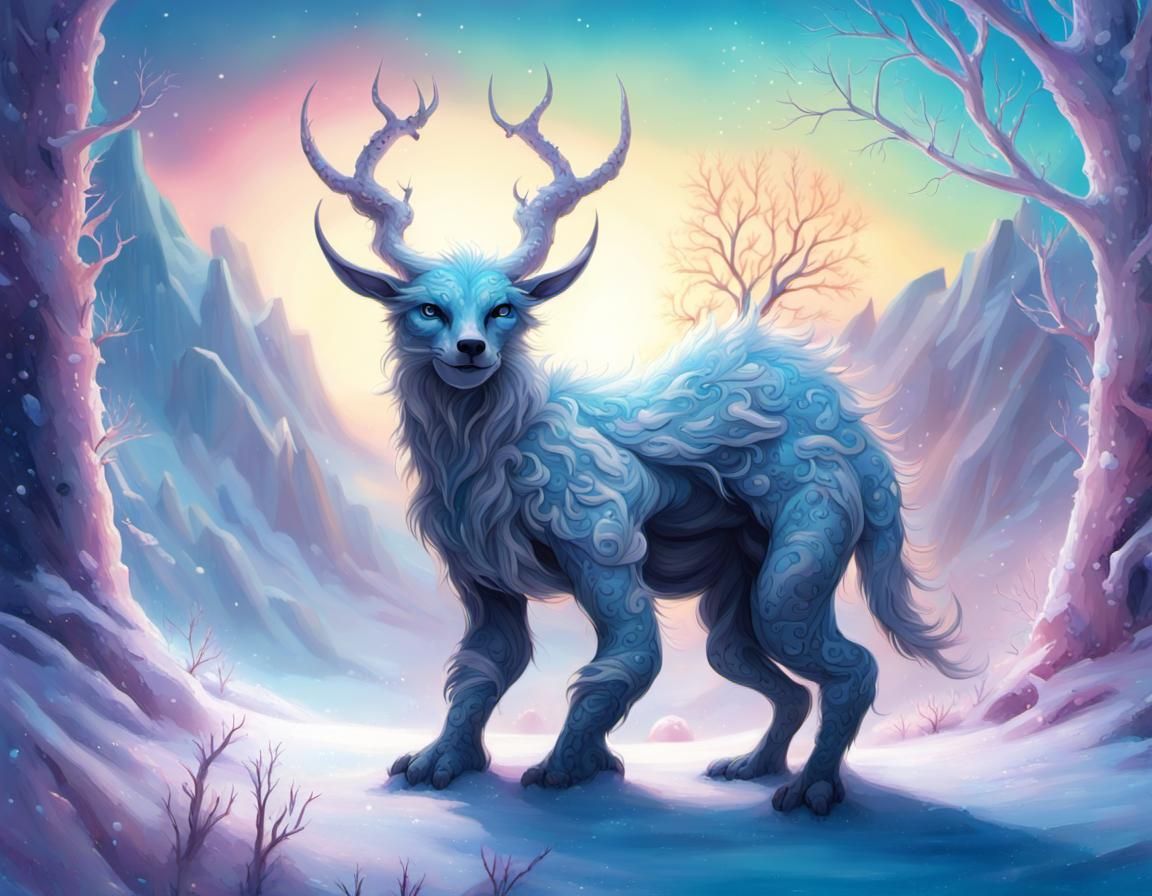 Enchanted Winter Scene with Magical Creatures