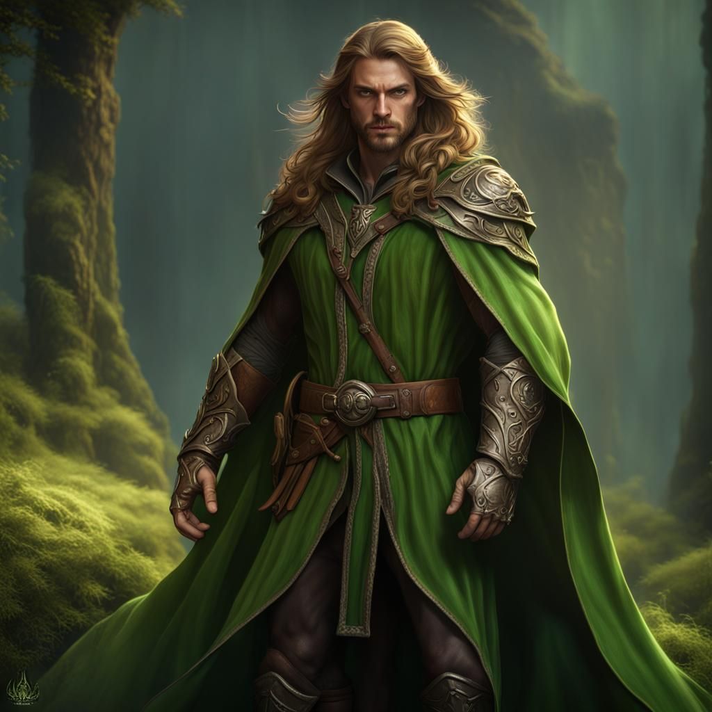 Fantasy Ranger with Green Cloak: Detailed Matte Painting
