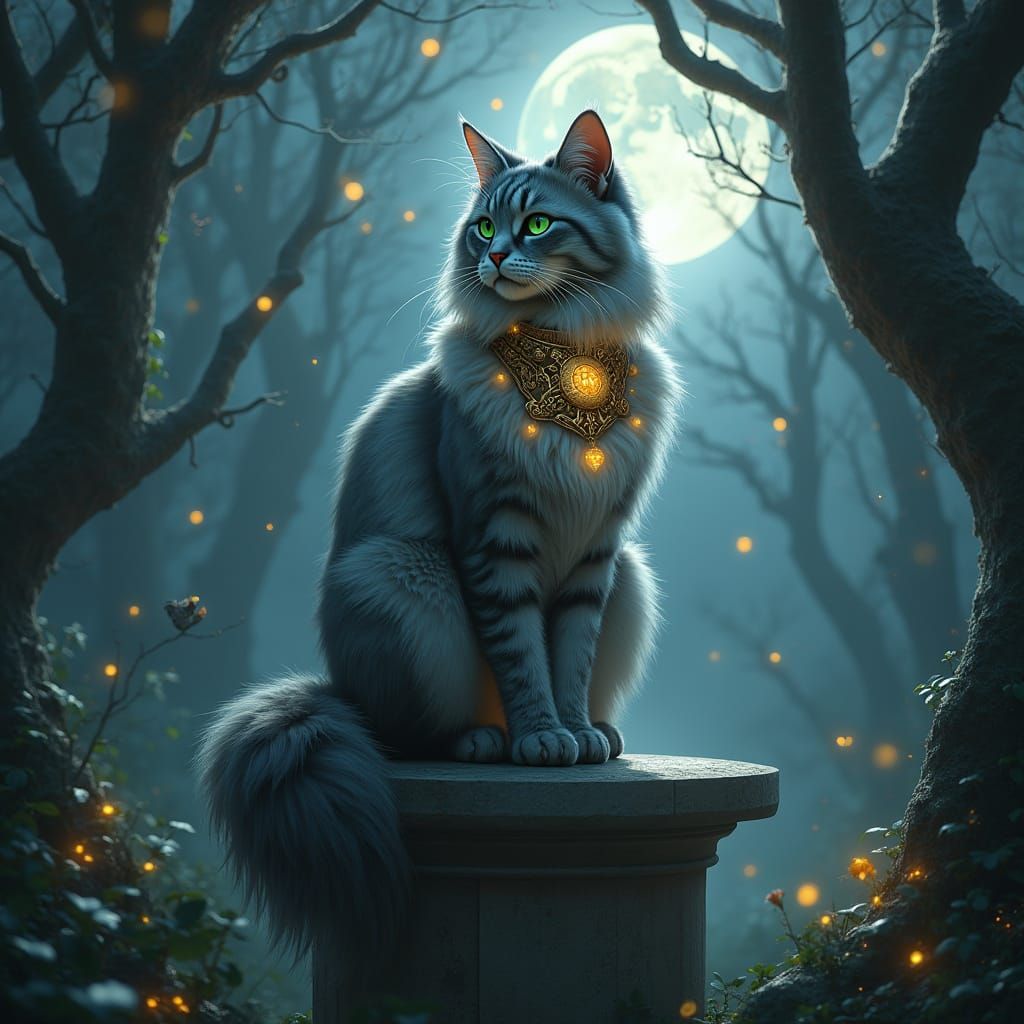 Majestic Cat on Marble Pedestal in Moonlit Forest