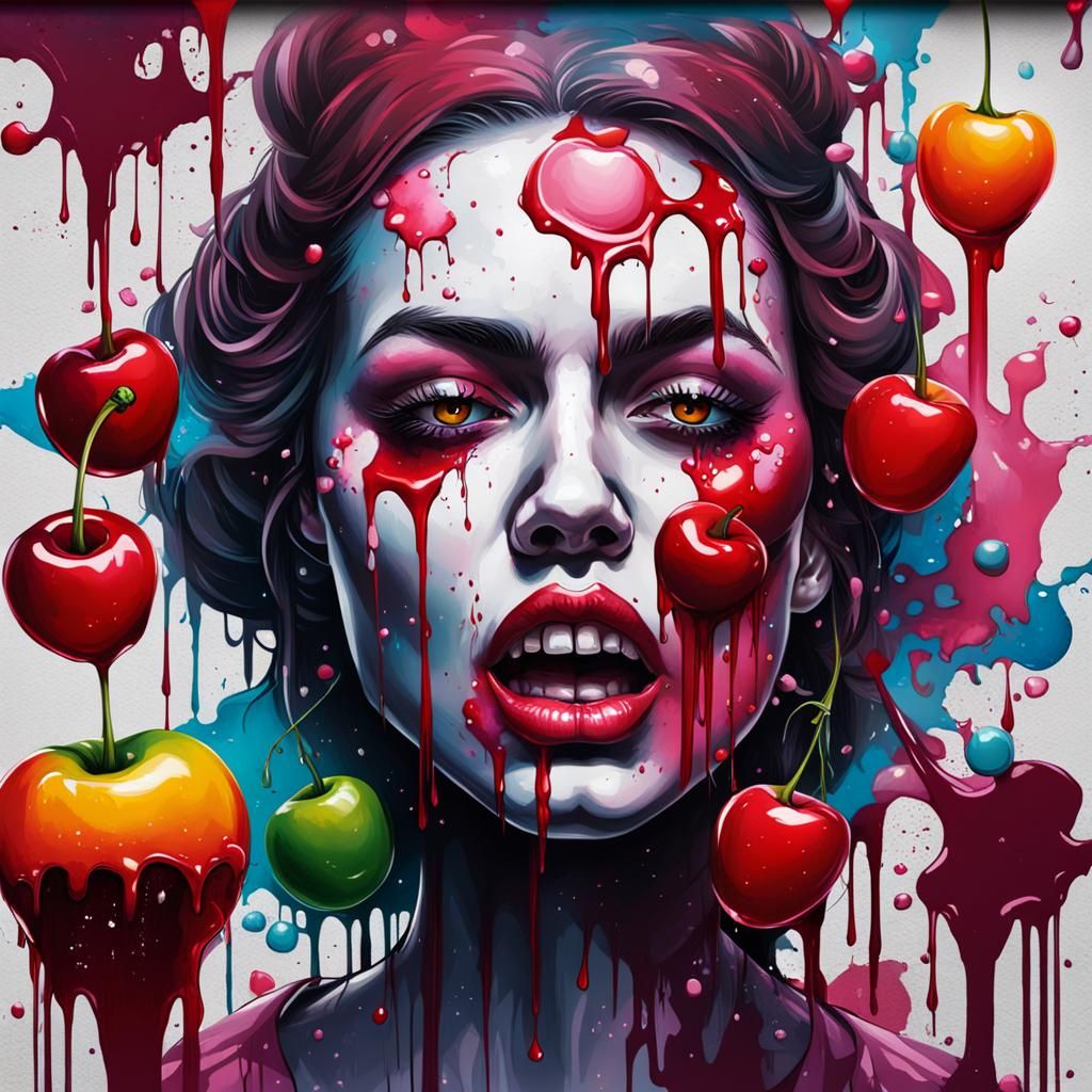 Graffiti Art of Cherry Being Popped with Dark Imagery