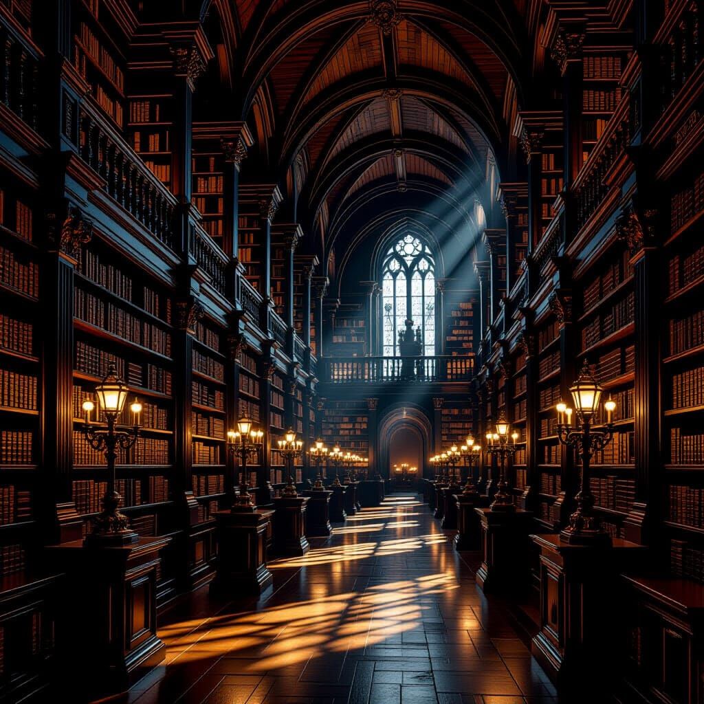 Ancient Library Interior With Gaslight Glow