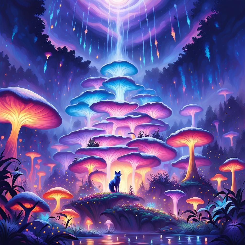 Mystical Fox on Iridescent Mushroom Island