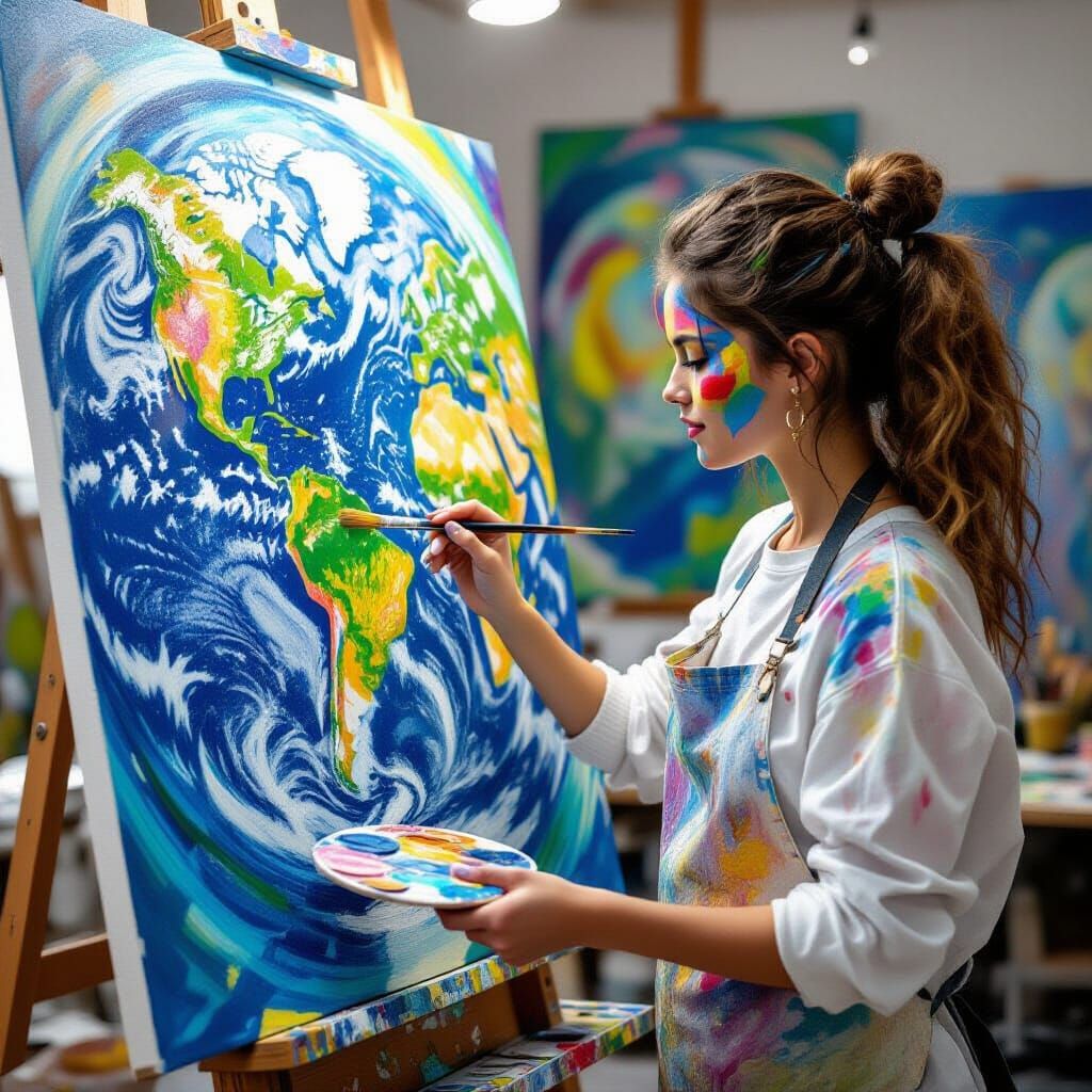 Painter Girl Creates Earth's Atmosphere in Vibrant Studio