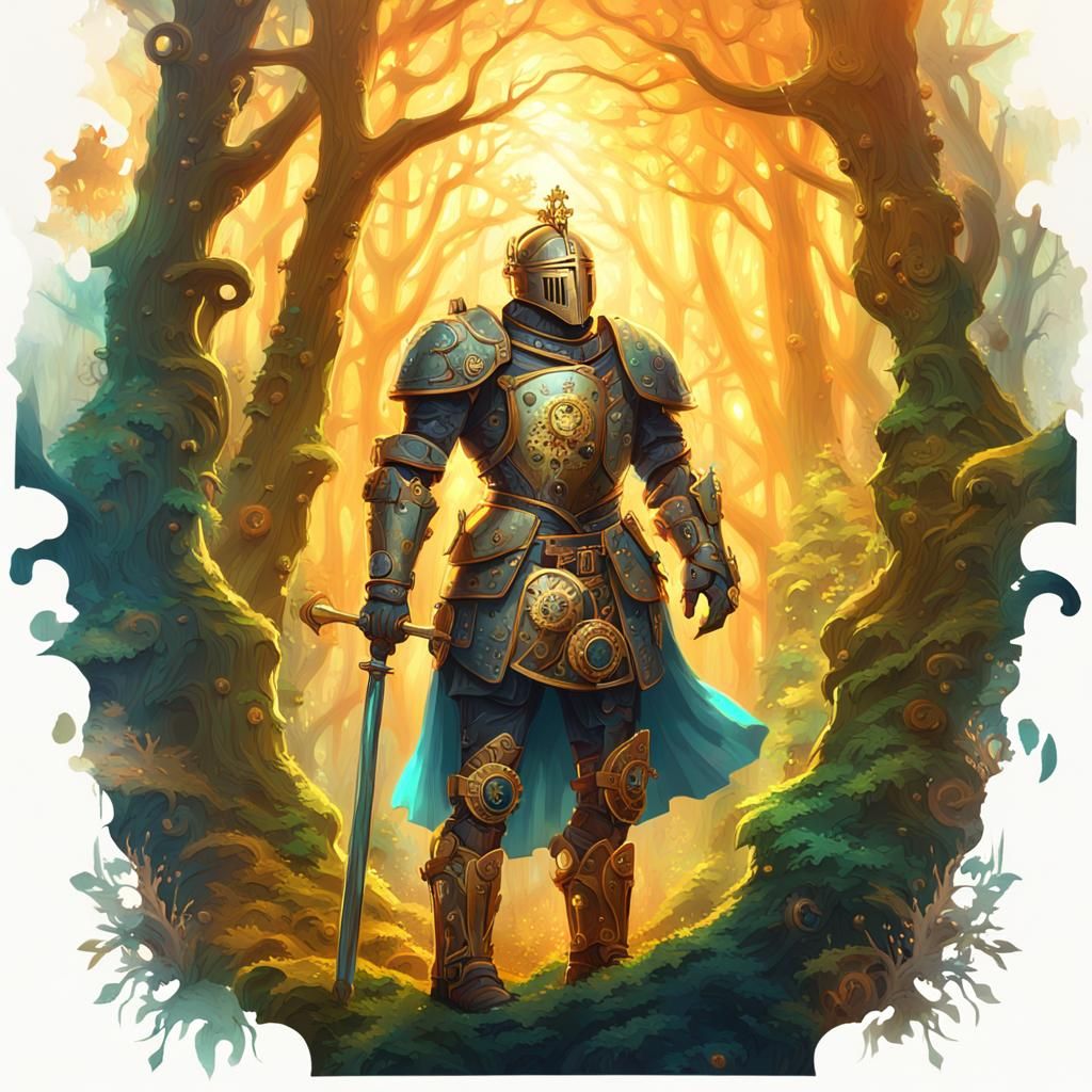 Clockwork Knight in Mystical Forest Oil Painting