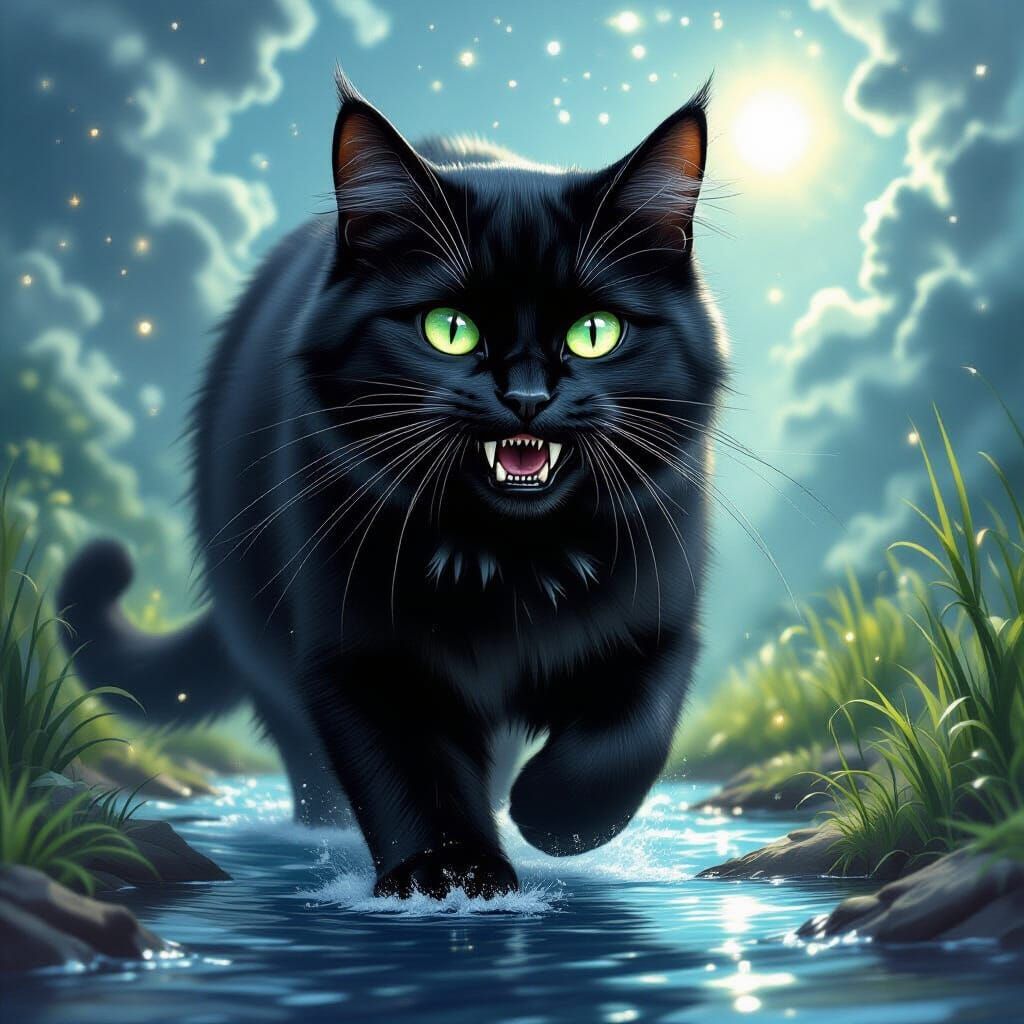 Giant Ebony Cat Walks Through Starry River