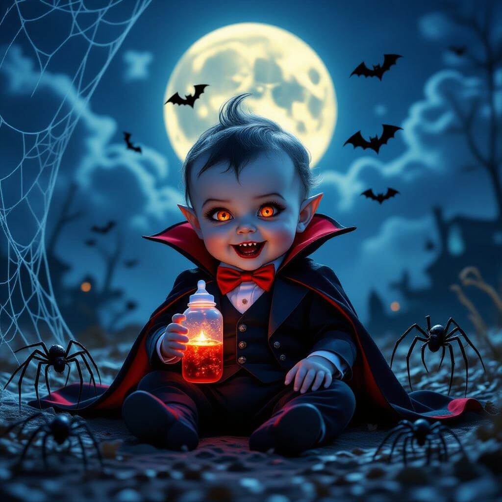 Adorable Baby Vampire in Cinematic Halloween Scene