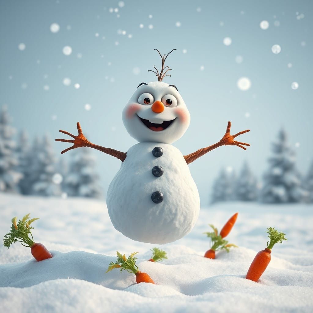 Vibrant Winter Wonderland Scene with Jumping Snowman