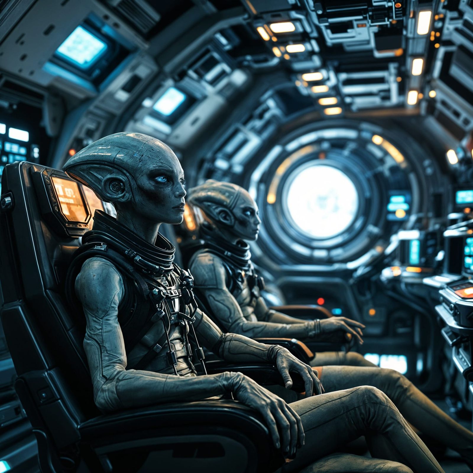 Sci-Fi Crew Reacts on Spaceship Bridge: Cinematic Film Still