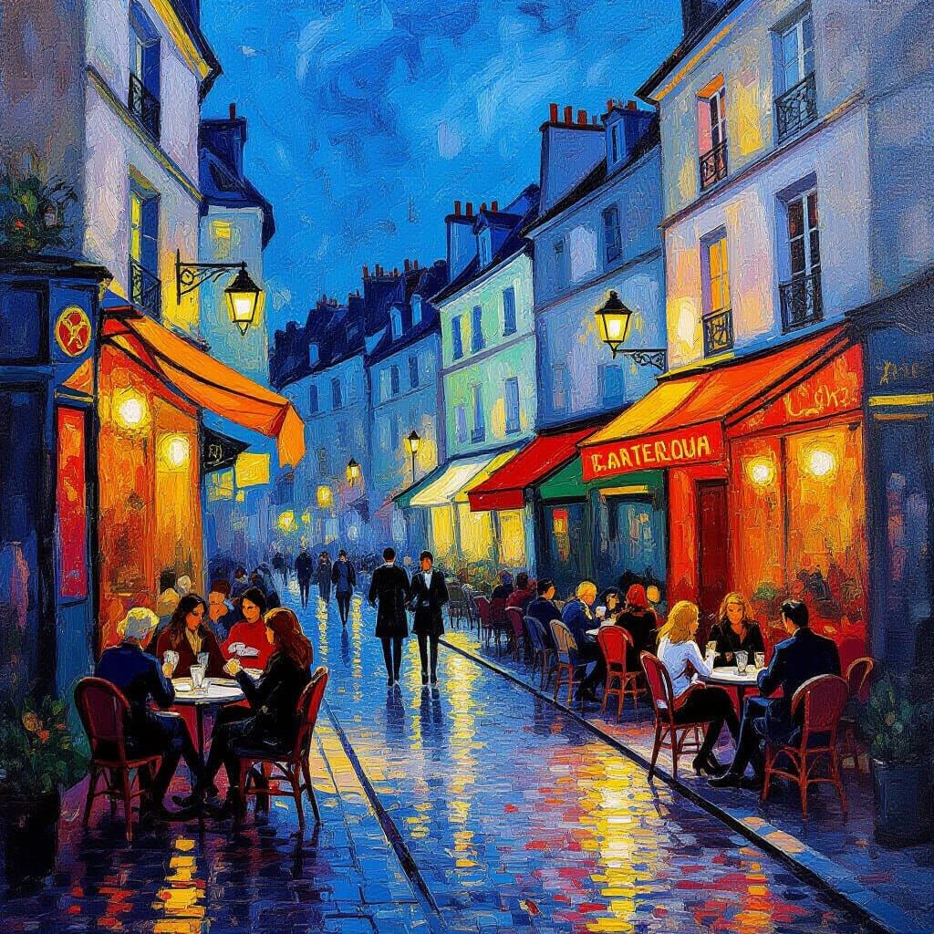 Parisian Cafe at Dusk in Post-Impressionist Style