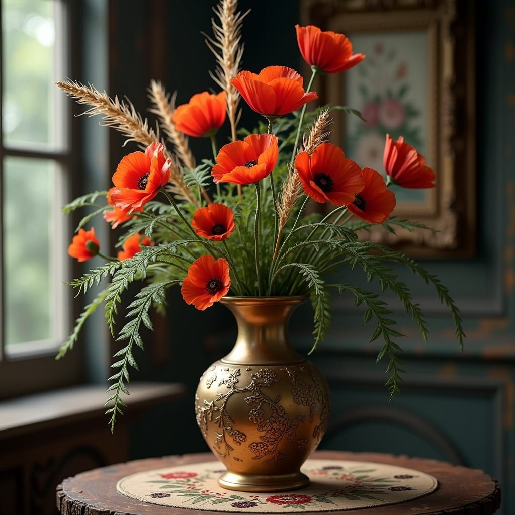Brass Flowers with Vintage Oil Painting in Hyperrealism