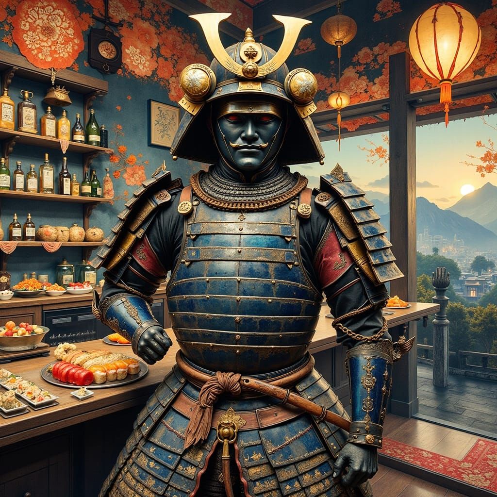 Samurai Armor in Sushi Bar, Utagawa Kuniyoshi Style