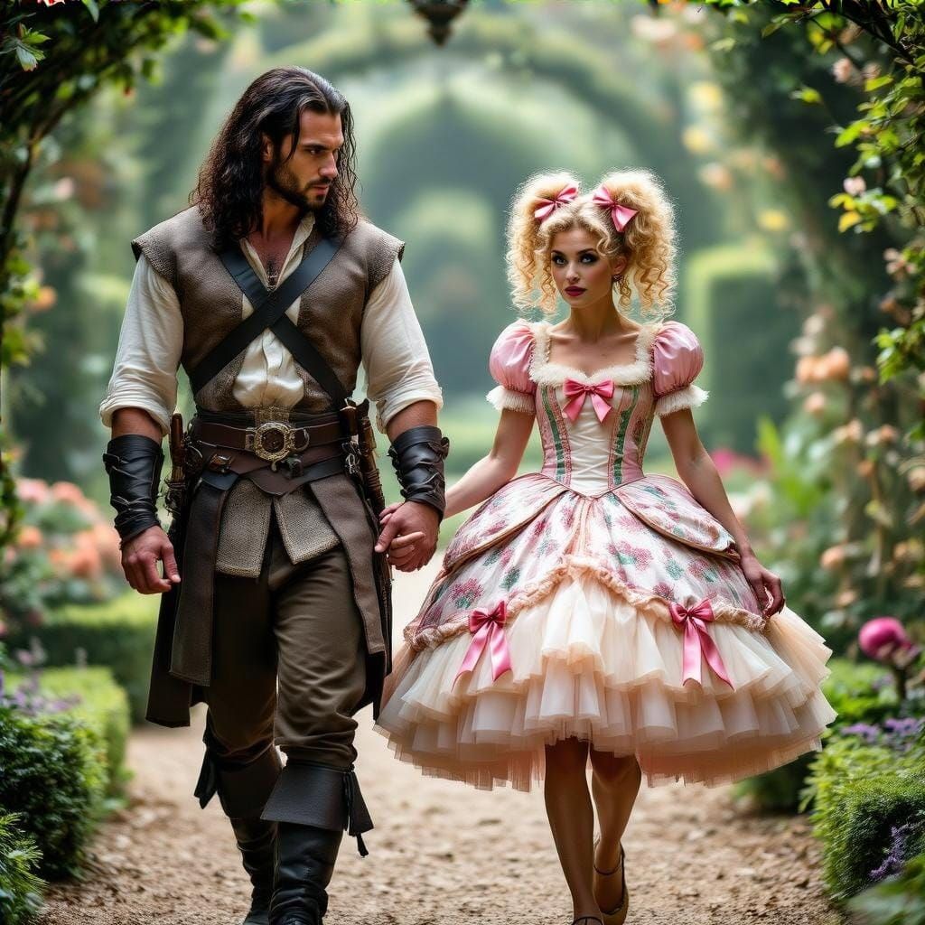 Strong Warrior Strolls with Bride in Whimsical Enchanted Gar...
