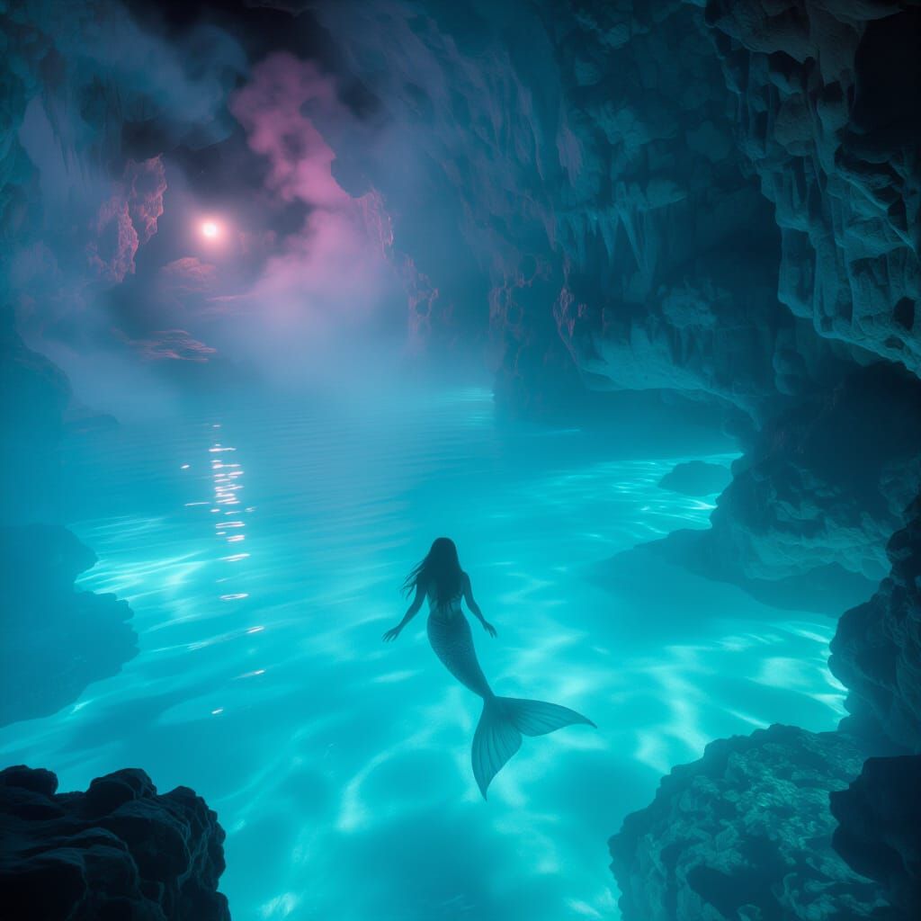 Mysterious Bioluminescent Lagoon with Swimming Mermaid