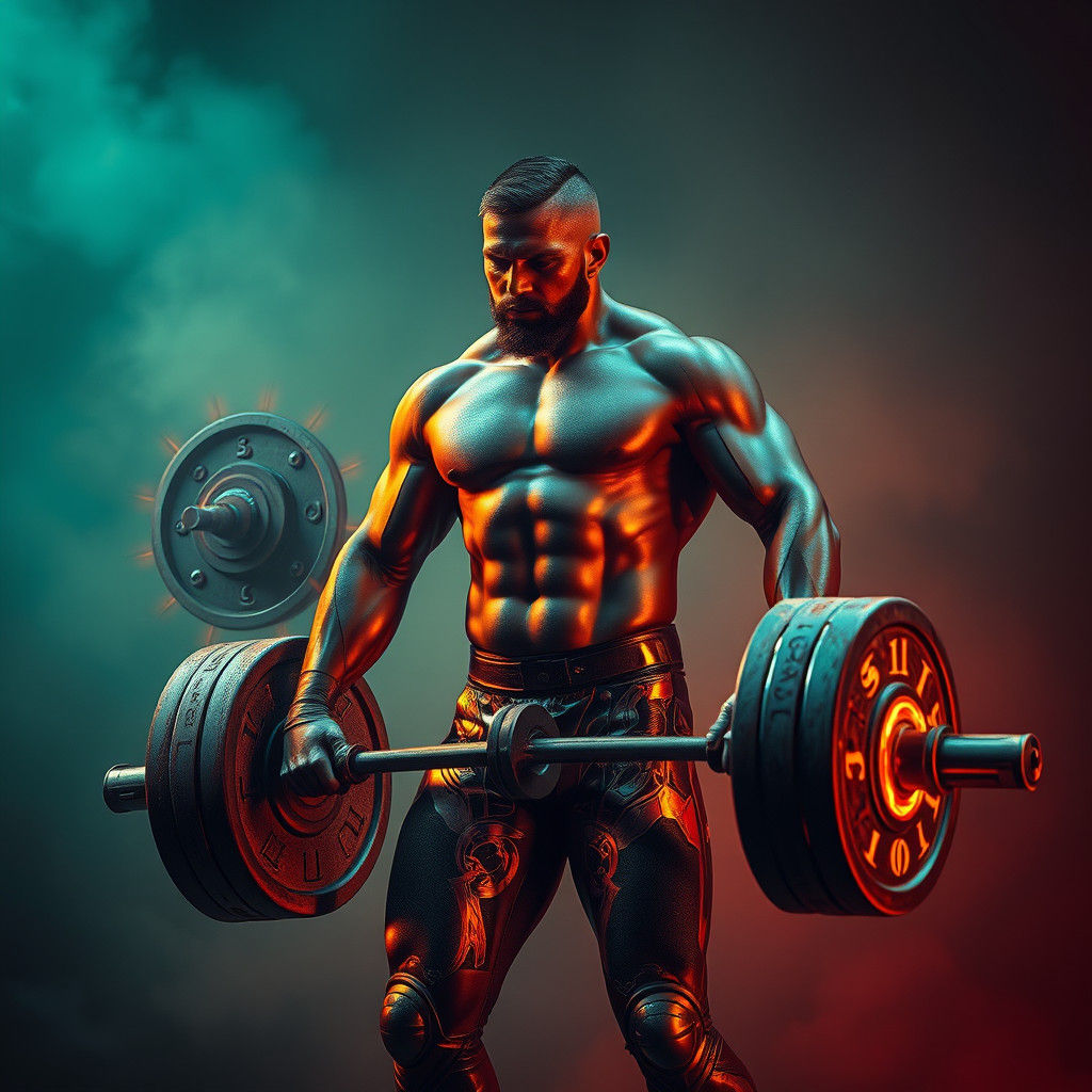 Weightlifter Lifting Runed Barbell in Futuristic Exosuit