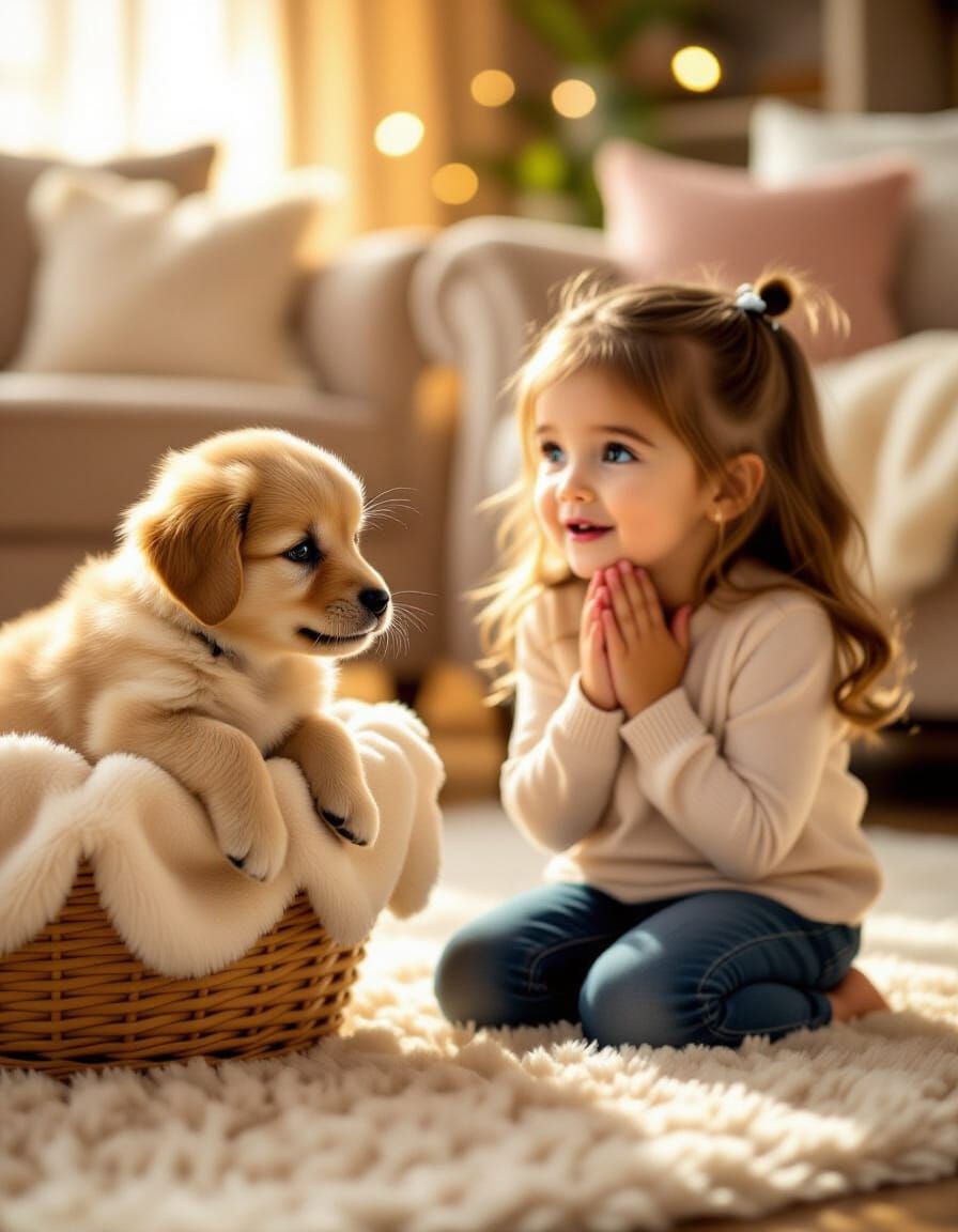 Golden Retriever Puppy Meets Awe-Struck Girl in Cozy Living ...