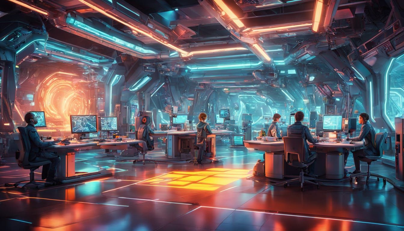 Futuristic Lab Researchers Brainstorming in Sci-Fi Style