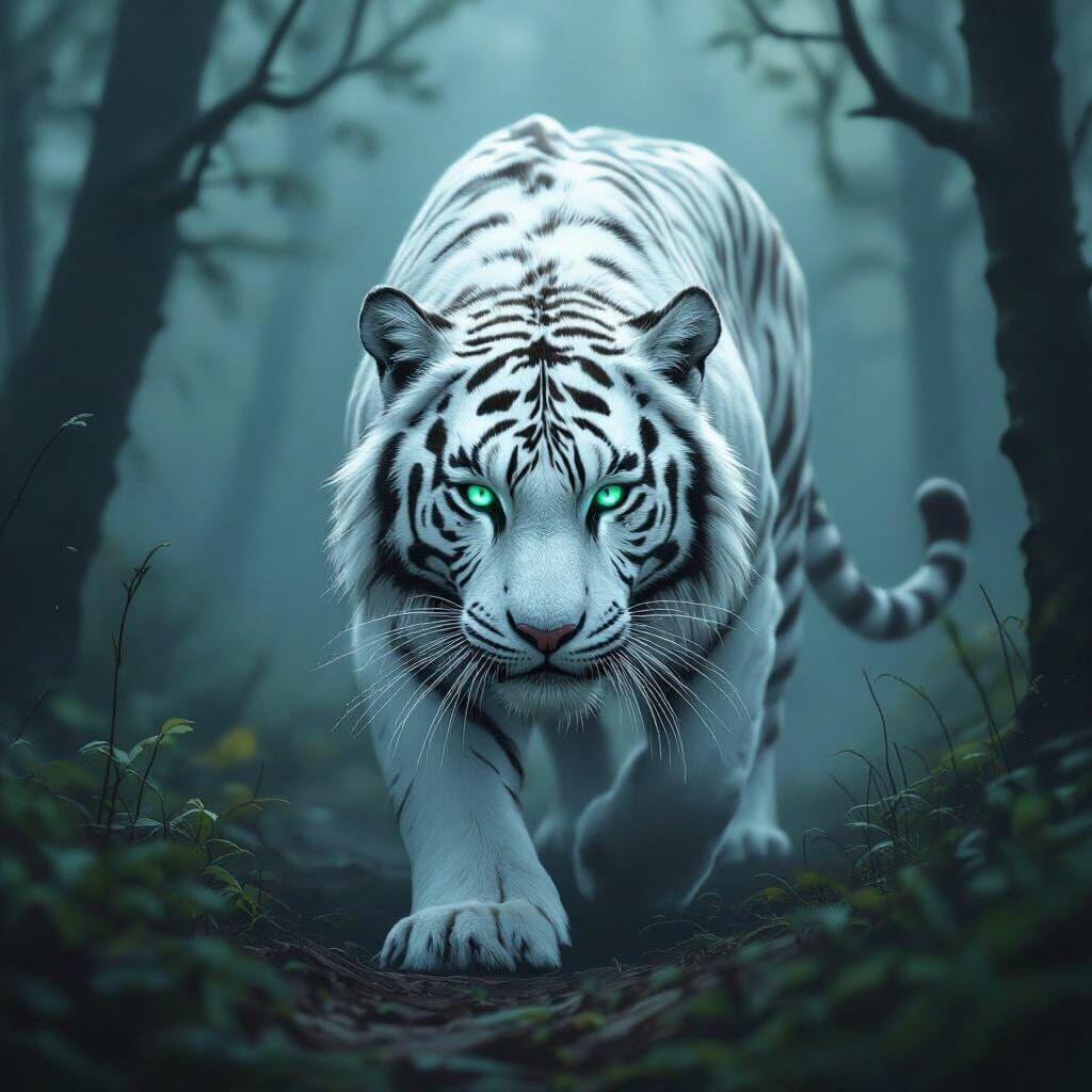 Albino Tiger Prowling Misty Forest, Realistic Style