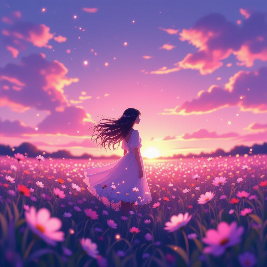 Dreamy Fantasy Girl in Luminous Flower Field at Sunset