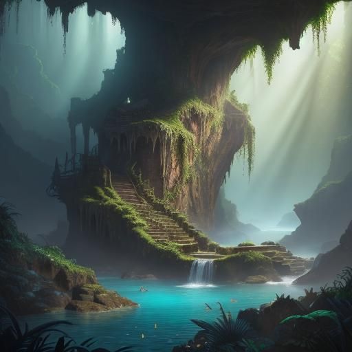 Spinosaurus in Lush Cave: Fantasy Concept Art