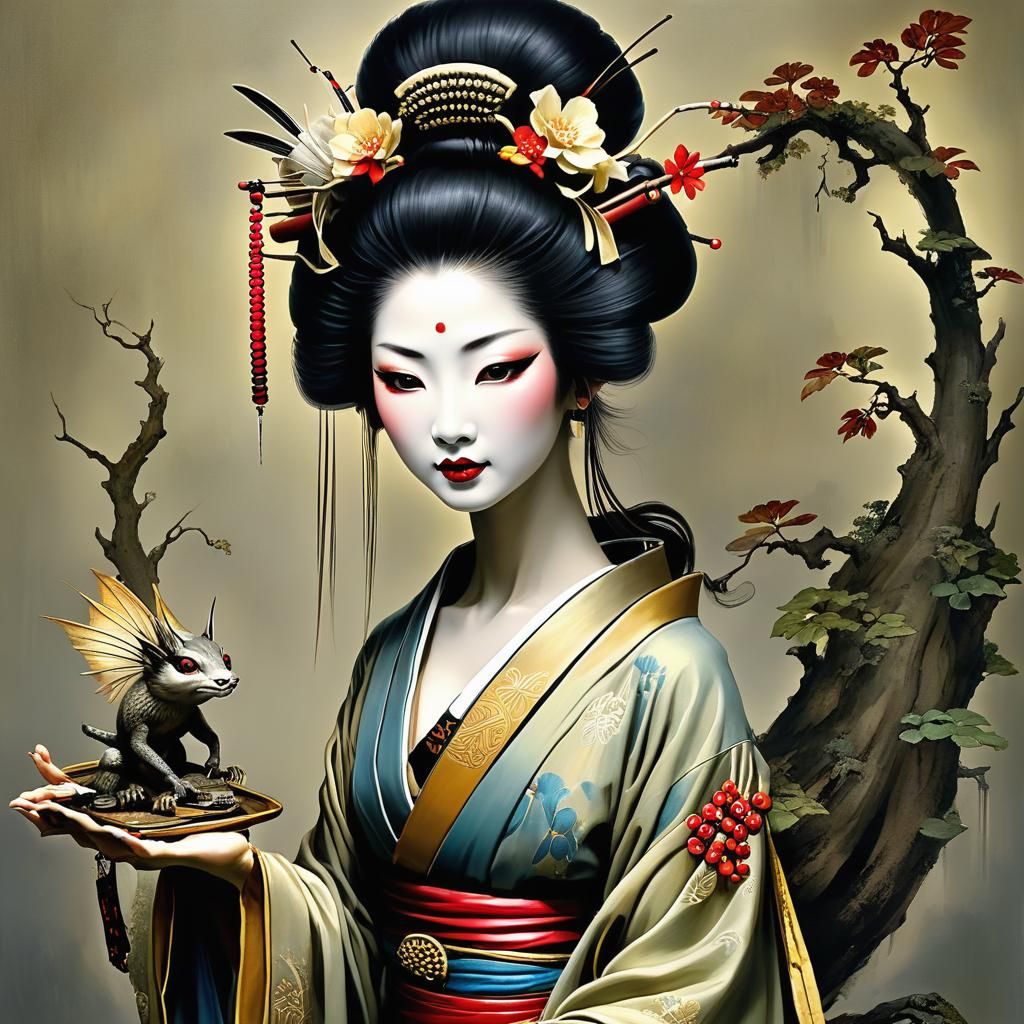 Geisha Practicing Mingei in Ukiyo-e Style