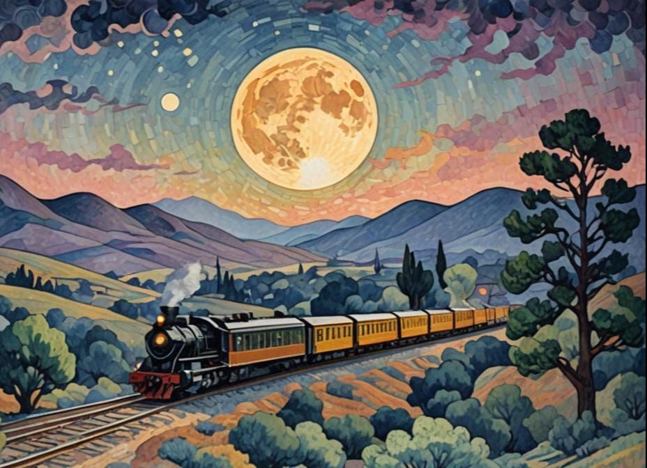 Train Steams Through Desolate Landscape in Pointillism Style
